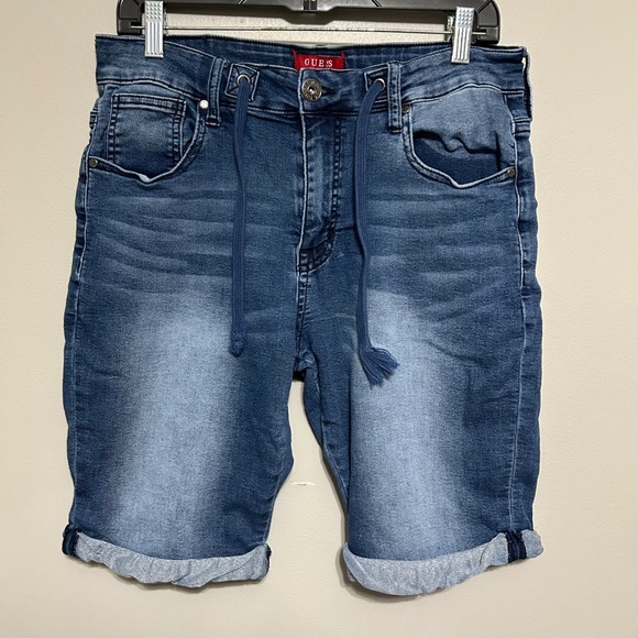 Guess Pants - Guess Women'sBermuda Shorts Size 31 Blue Denim Drawstring Cuffed Rolled Hem Y2K